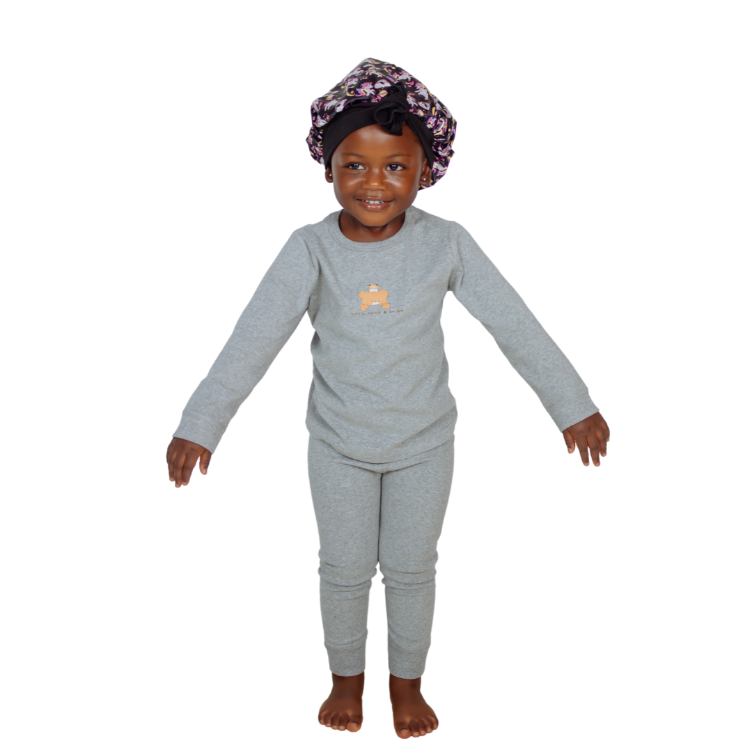 Girls' Soft Cotton Pajama Set with Matching Unicorn Sleep Cap - Grey Sleepwear Set, Comfortable Long Sleeve Top, Pants and Bonnet