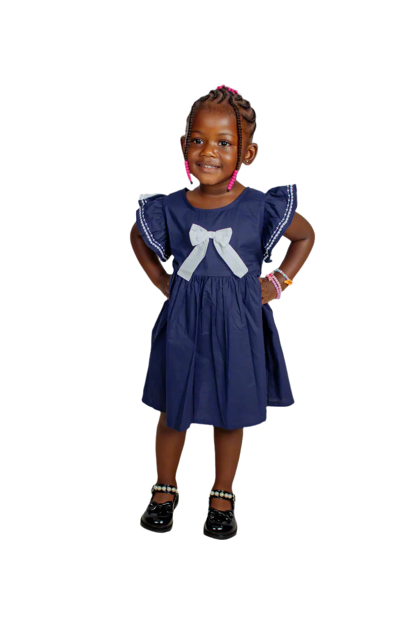 Girls' Navy Blue Flutter-sleeve dress