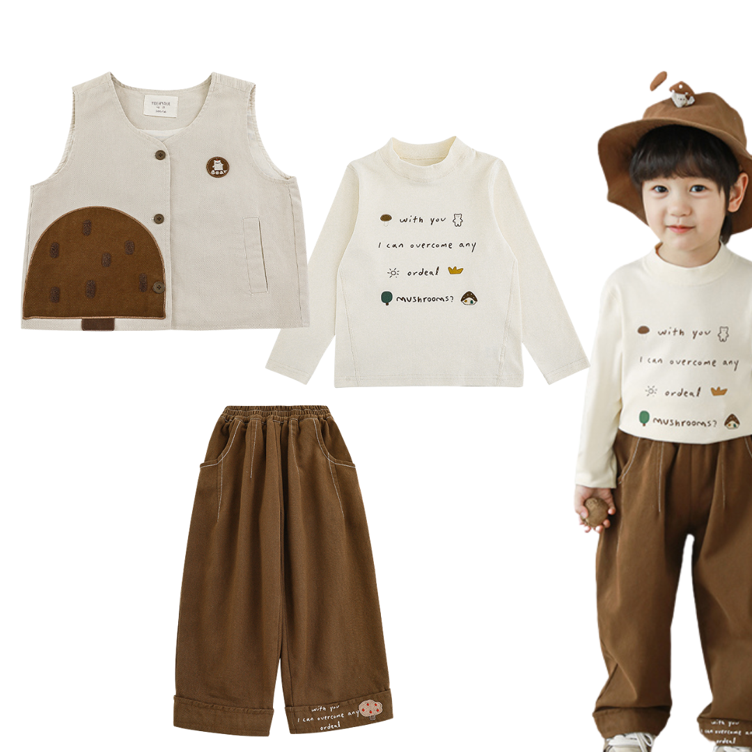 Toddler Boys' Mushroom Themed 3-Piece Outfit Set – Cotton Long Sleeve Shirt, Stylish Vest & Pants for Ages 2-7