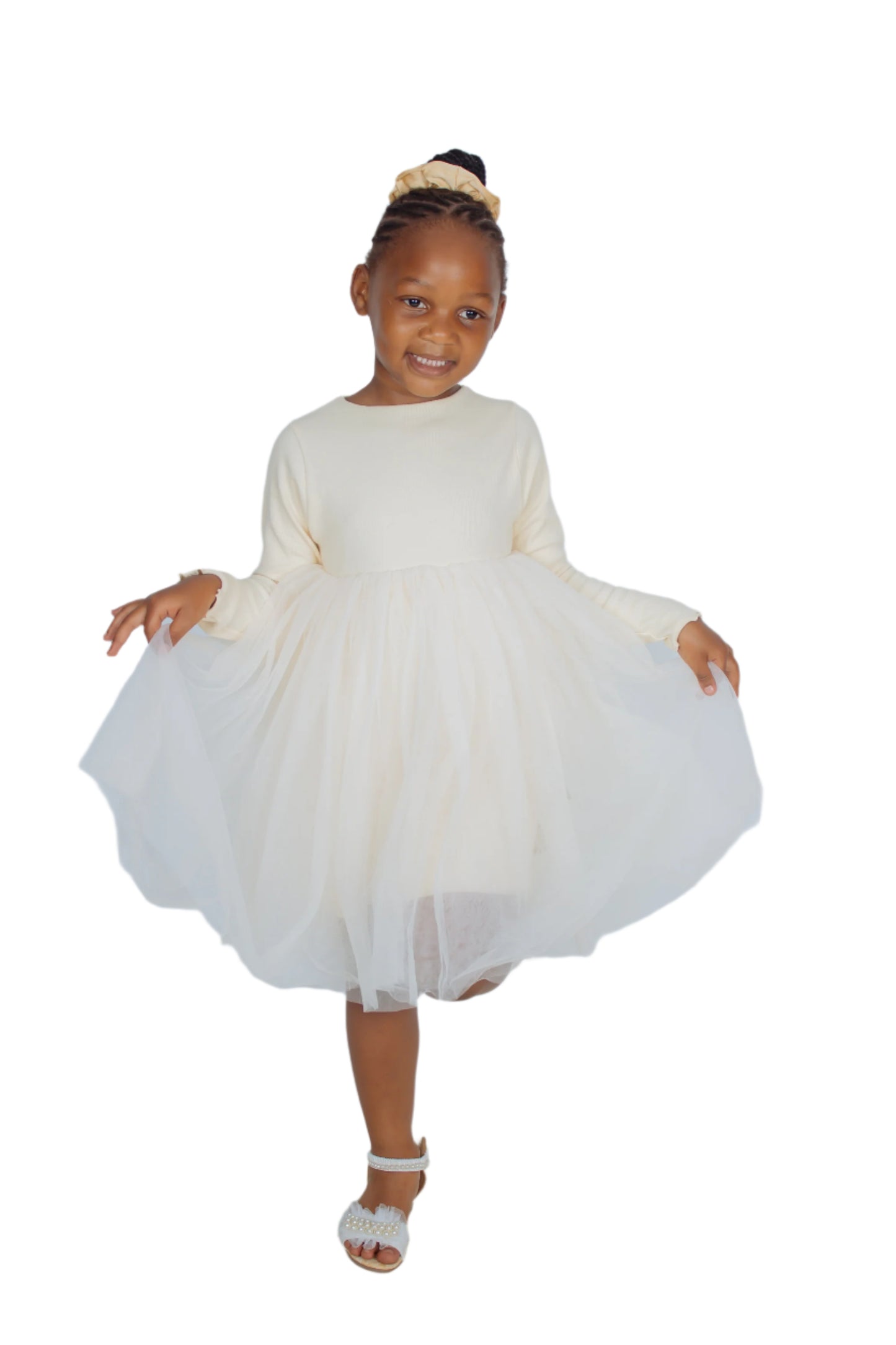 Long-sleeve Beige Tulle Dress for girls