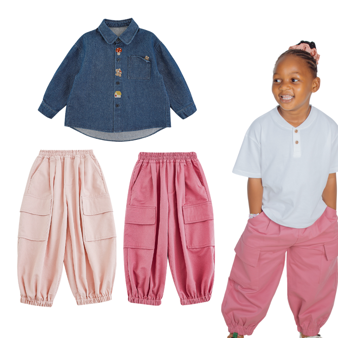Girls' Cargo Pants Set – Denim Shirt & Pocket Trousers – Stylish & Comfortable Outfit for Kids