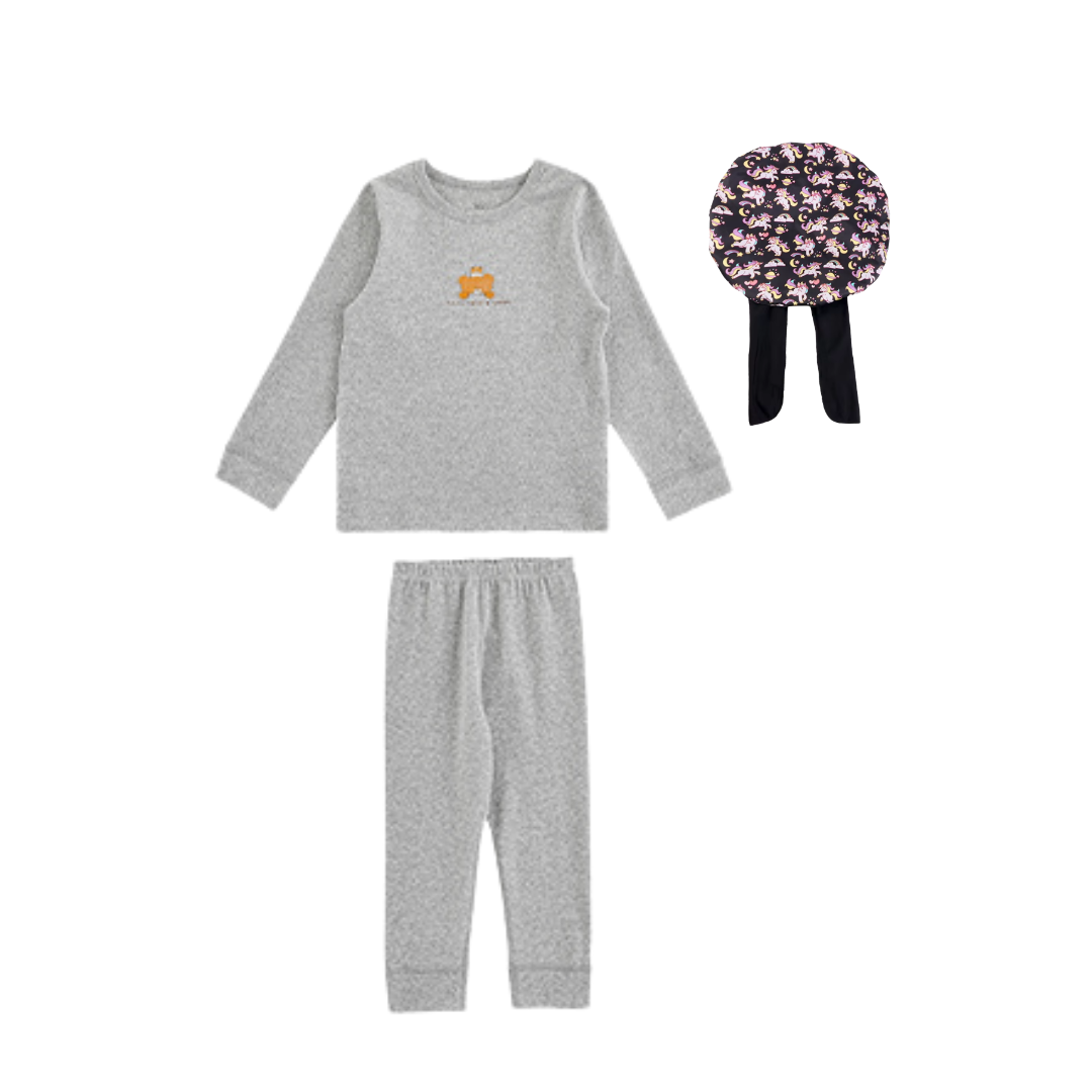 Girls' Soft Cotton Pajama Set with Matching Unicorn Sleep Cap - Grey Sleepwear Set, Comfortable Long Sleeve Top, Pants and Bonnet