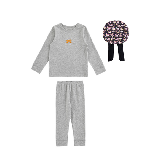 Girls' Soft Cotton Pajama Set with Matching Unicorn Sleep Cap - Grey Sleepwear Set, Comfortable Long Sleeve Top, Pants and Bonnet