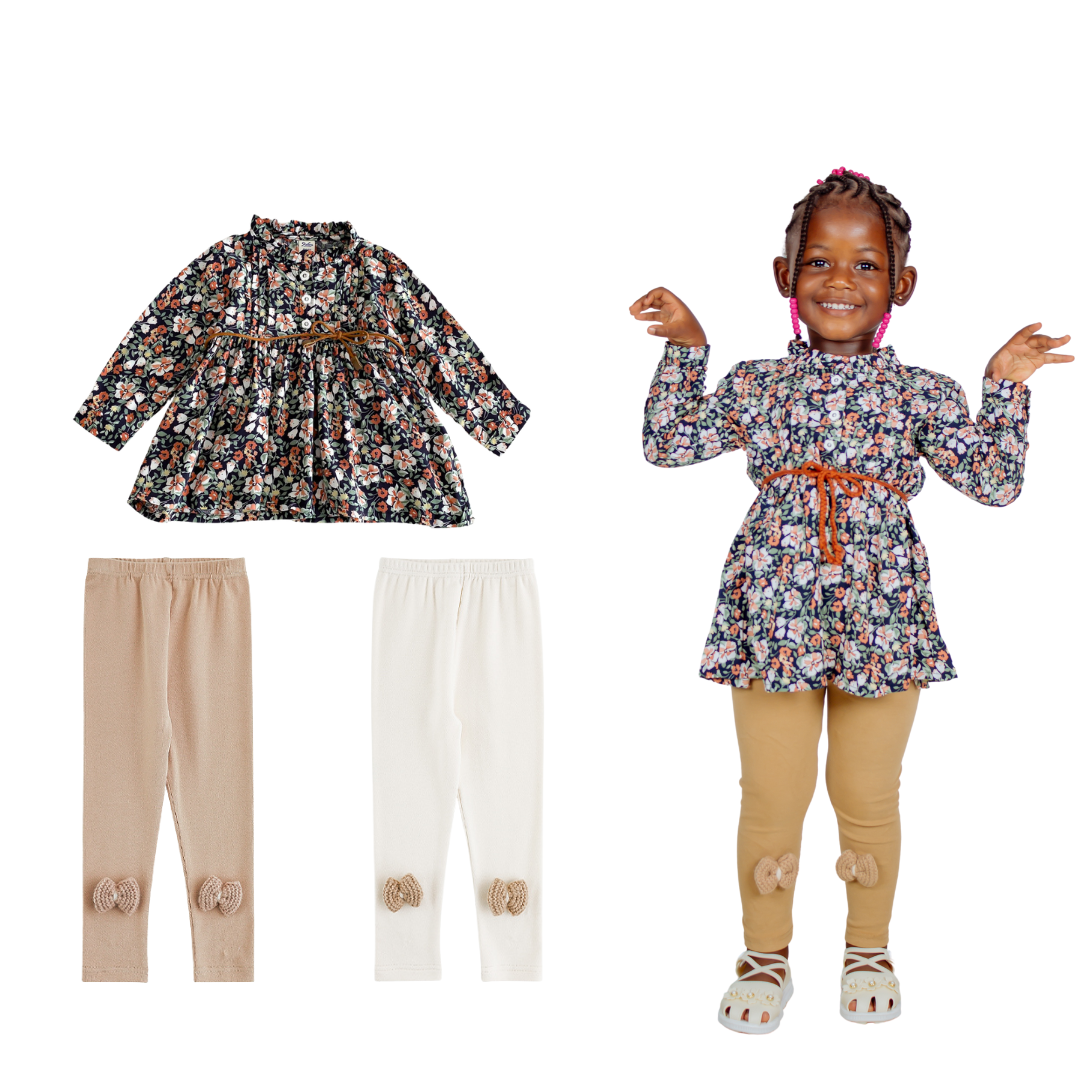 Girls' Floral Tunic Dress and Leggings Set – Stylish Long-Sleeve Top with Two Bow-Knee Leggings, Ages 1-4