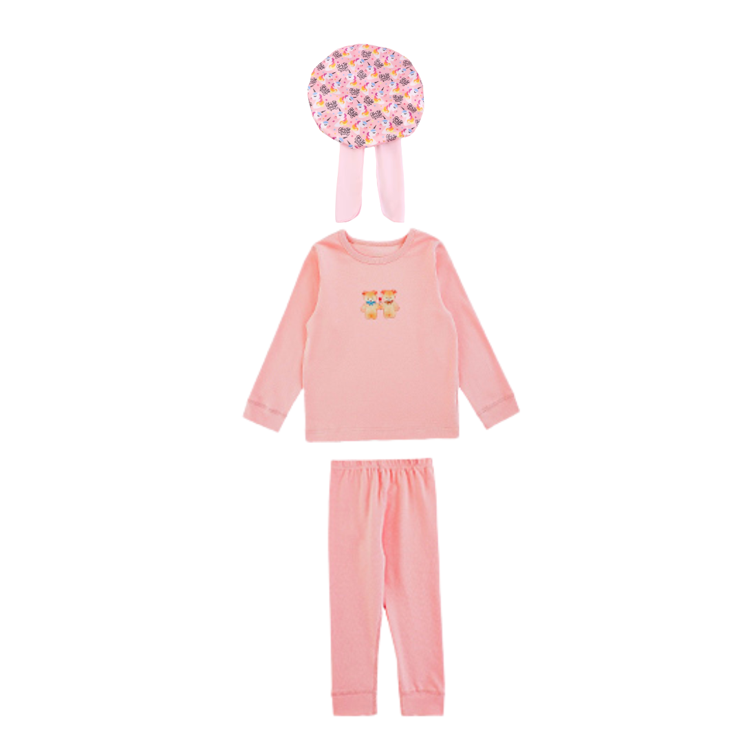 Girls' Soft Cotton Pajama Set with Matching Unicorn Sleep Cap - Pink Sleepwear Set, Comfortable Long Sleeve Top, Pants and Bonnet