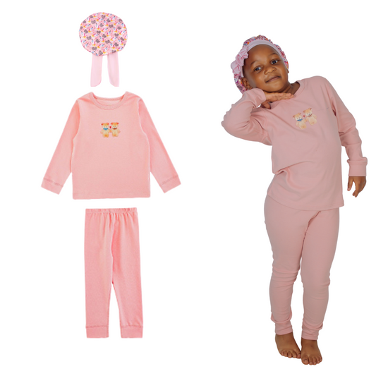 Girls' Soft Cotton Pajama Set with Matching Unicorn Sleep Cap - Pink Sleepwear Set, Comfortable Long Sleeve Top, Pants and Bonnet
