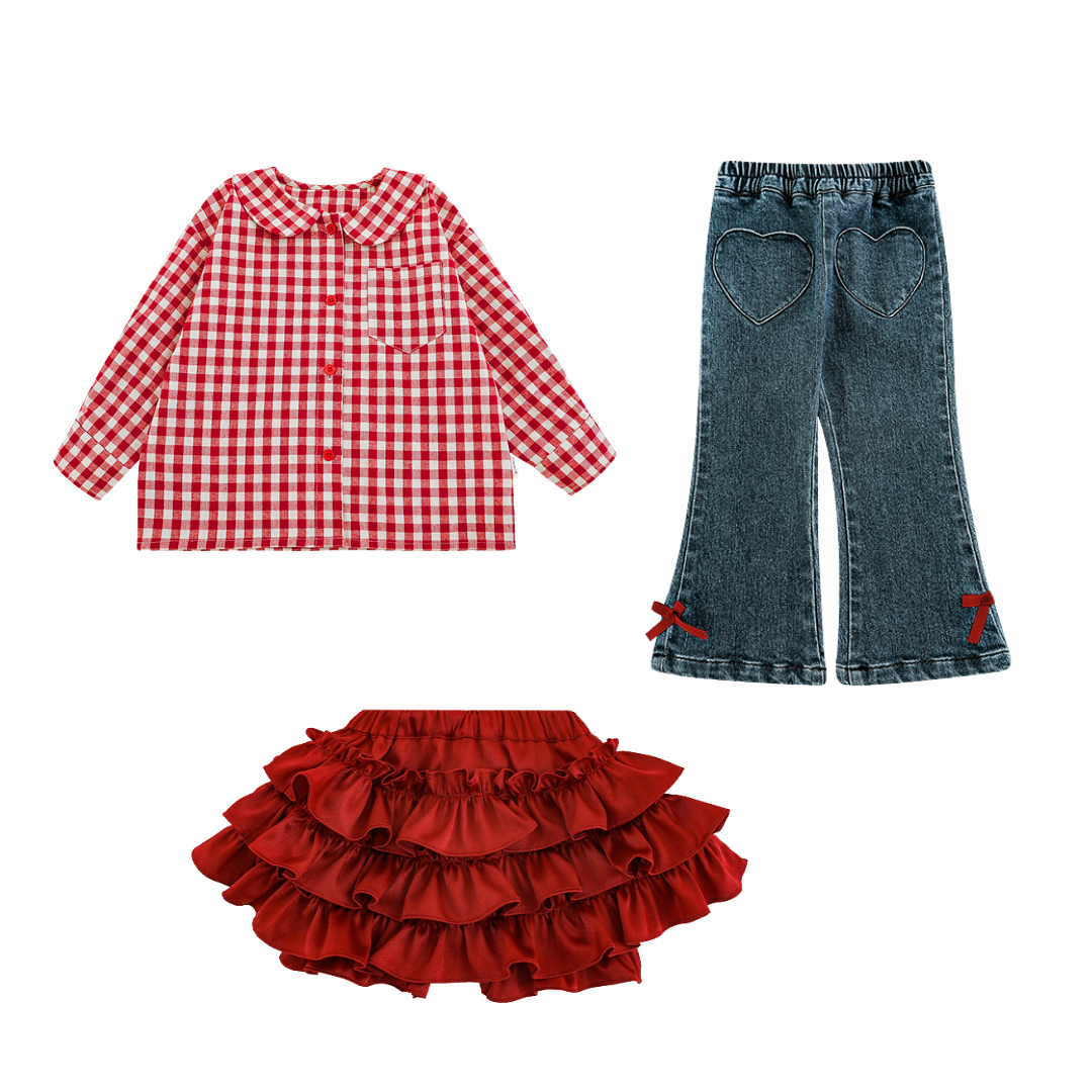 Vintage-Inspired Outfit Set – Gingham Shirt, 1-7 Year Old Girls' Denim Flared Jeans & Layered Ruffle Skirt | Stylish & Comfortable Kids' Fashion for Everyday Wear