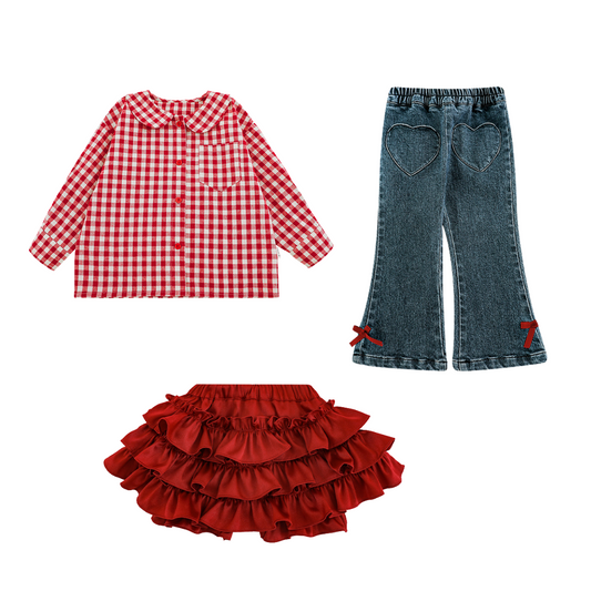 Vintage-Inspired Outfit Set – Gingham Shirt, 1-7 Year Old Girls' Denim Flared Jeans & Layered Ruffle Skirt | Stylish & Comfortable Kids' Fashion for Everyday Wear
