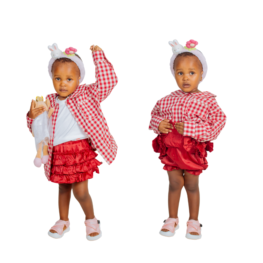 Vintage-Inspired Outfit Set – Gingham Shirt, 1-7 Year Old Girls' Denim Flared Jeans & Layered Ruffle Skirt | Stylish & Comfortable Kids' Fashion for Everyday Wear