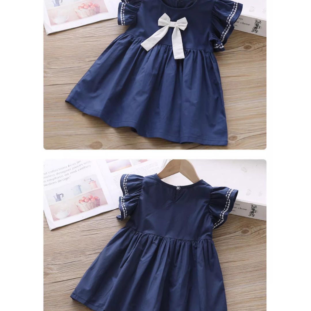 3-4 Year Toddler Girls' Vintage Bow Dress and Pearl Strap Shoes Set – Elegant Summer Outfit for Special Occasions