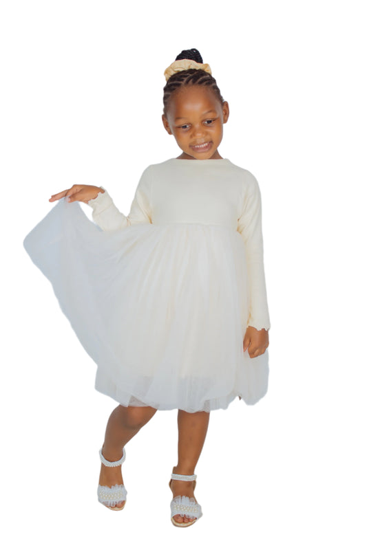 Long-sleeve Beige Tulle Dress for girls