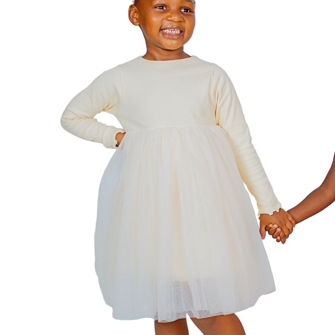 Long-sleeve Beige Tulle Dress for girls