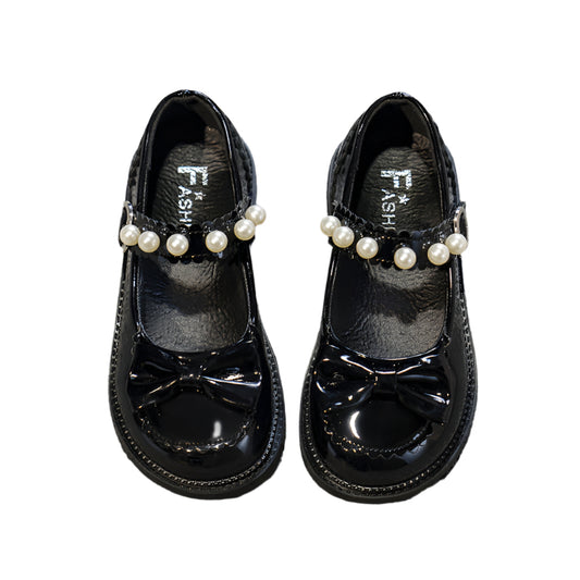 Girls' Elegant Pearl-strap dress shoes (Black)