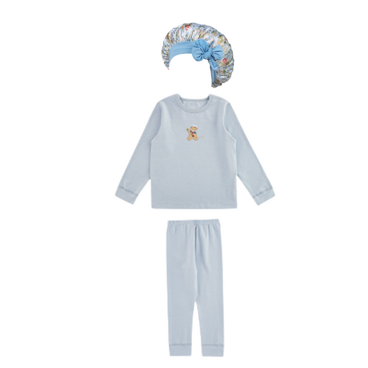 Girls' Soft Cotton Pajama Set with Matching Floral Sleep Cap - Blue Sleepwear Set, Comfortable Long Sleeve Top, Pants and Bonnet