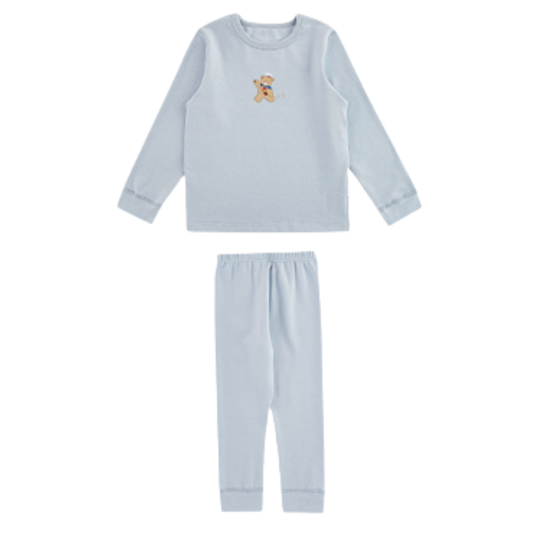 Girls' Soft Cotton Pajama Set with Matching Floral Sleep Cap - Blue Sleepwear Set, Comfortable Long Sleeve Top, Pants and Bonnet