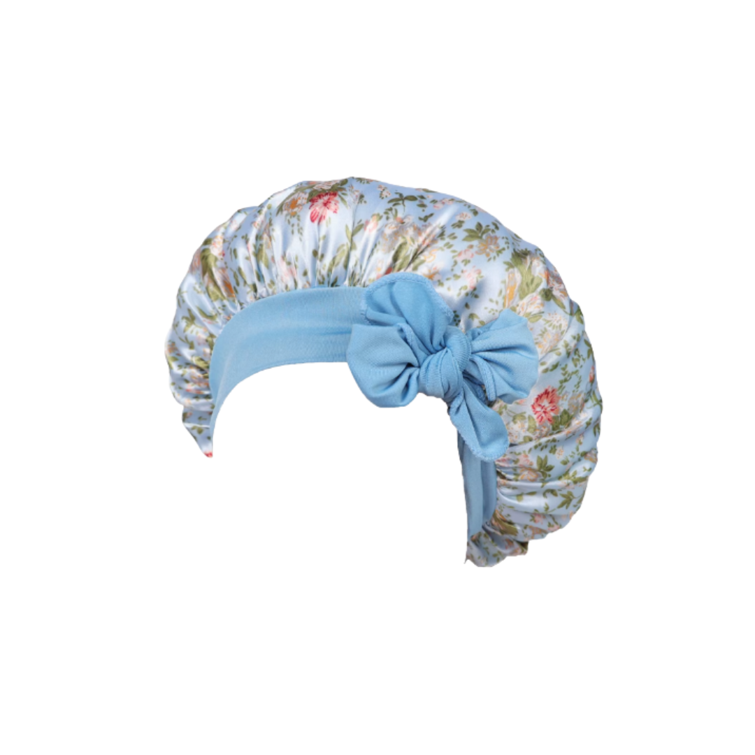 Girls' Soft Cotton Pajama Set with Matching Floral Sleep Cap - Blue Sleepwear Set, Comfortable Long Sleeve Top, Pants and Bonnet