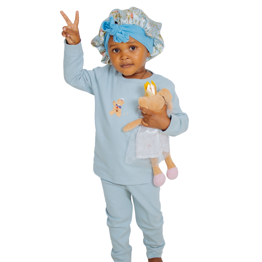 Girls' Soft Cotton Pajama Set with Matching Floral Sleep Cap - Blue Sleepwear Set, Comfortable Long Sleeve Top, Pants and Bonnet