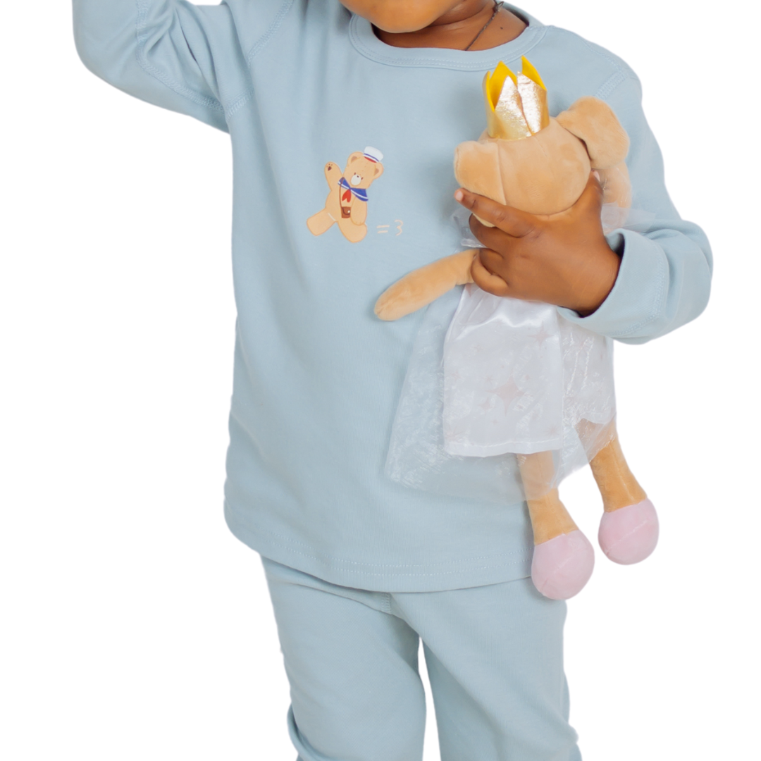 Girls' Soft Cotton Pajama Set with Matching Floral Sleep Cap - Blue Sleepwear Set, Comfortable Long Sleeve Top, Pants and Bonnet