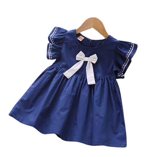 Girls' Navy Blue Flutter-sleeve dress