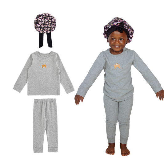 Girls' Soft Cotton Pajama Set with Matching Unicorn Sleep Cap - Grey Sleepwear Set, Comfortable Long Sleeve Top, Pants and Bonnet