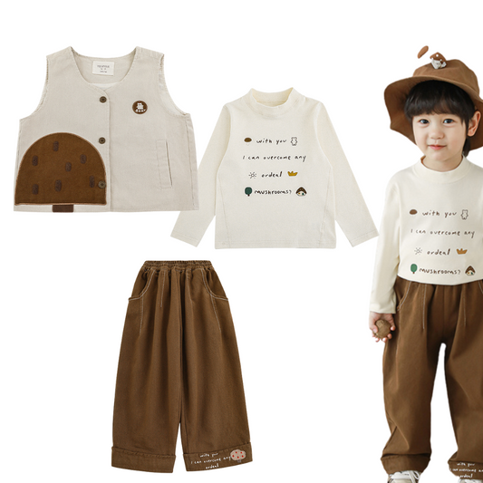 Toddler Boys' Mushroom Themed 3-Piece Outfit Set – Cotton Long Sleeve Shirt, Stylish Vest & Pants for Ages 2-7