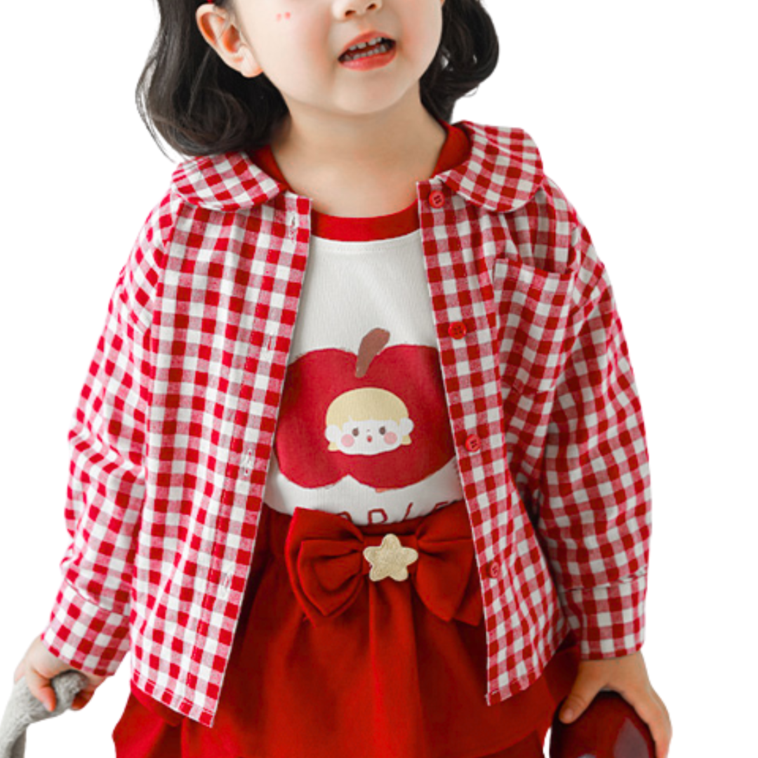 Vintage-Inspired Outfit Set – Gingham Shirt, 1-7 Year Old Girls' Denim Flared Jeans & Layered Ruffle Skirt | Stylish & Comfortable Kids' Fashion for Everyday Wear